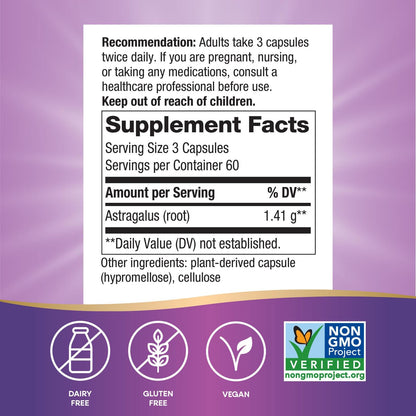 Nature's Way Astragalus Root, Traditional Immune Support*, 1,410 mg per 3-Capsule Serving, Non-GMO Project Verified, Vegan 180 Capsules (Packaging May Vary)