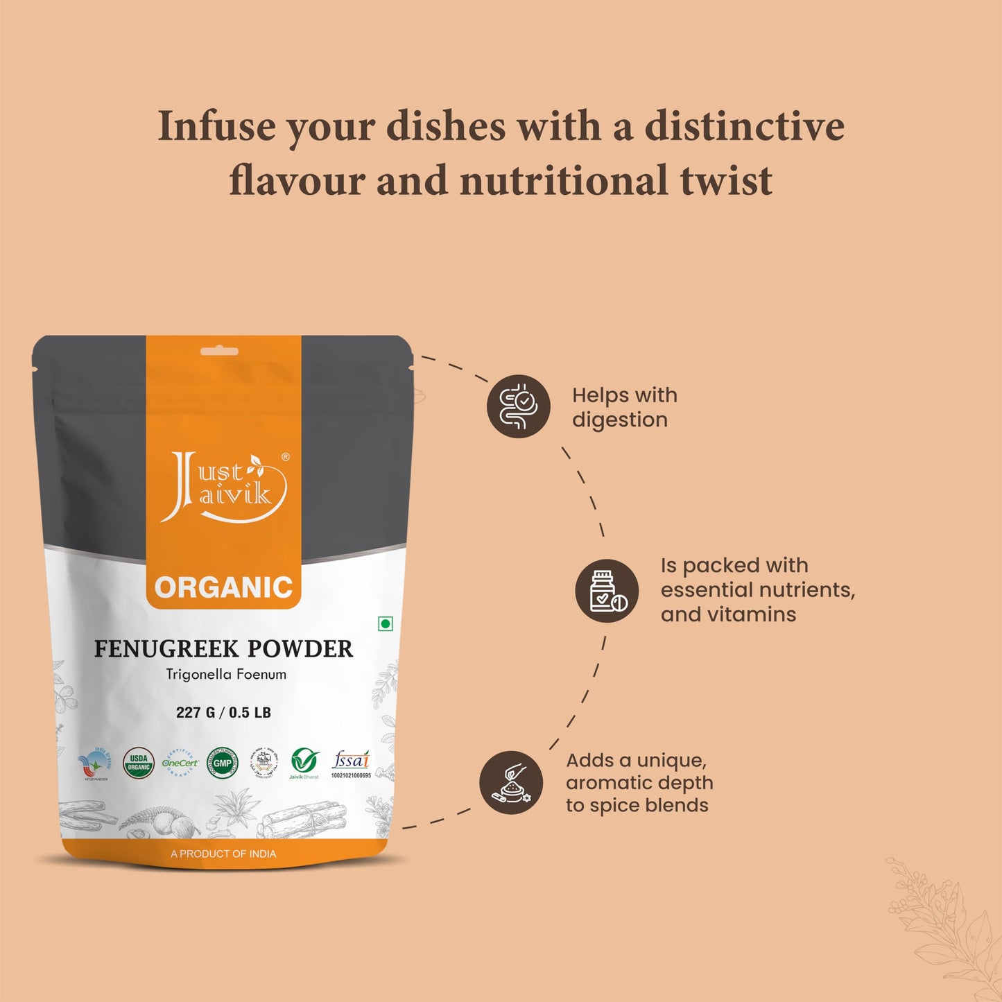 Just Jaivik 100% Organic Fenugreek Powder 0.5 lb / 227 gm / 08 oz | Trigonella Foenum Methi Powder | Supports Healthy Digestive System & Boosts Immunity | USDA Certified Organic