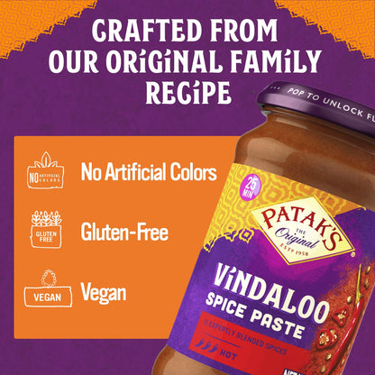 Patak's Vindaloo Spice Paste, Hot Indian Curry with 11 Expertly Blended Spices, Gluten-Free & Vegan, Flavorful Base for Chicken, Seafood, Vegetables & More, 10 oz Jar