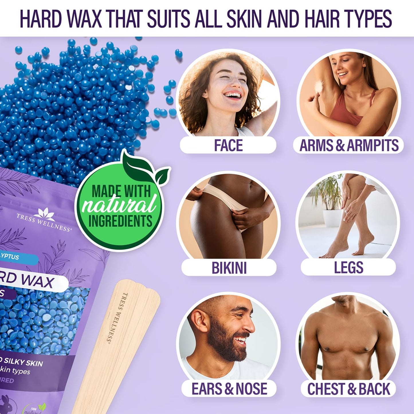 Tress Wellness Waxing Kit for Sensitive Skin, Safe for Face & Skin, Prep & Aftercare Spray, Easy to Use, At-Home Kit for Face, Bikini, Brazilian & Full Body - Digital Display, Black Purple Flower