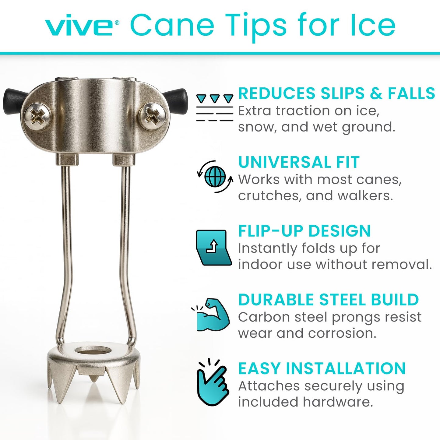 Vive Cane Tips for Ice - All Terrain Heavy Duty (2 Pack) Metal Retractable 4-Prong Hiking Attachment - Replacement Grip for Walking Sticks, Trekking Pole, Crutches, Tip Points for Winter Snow Safety