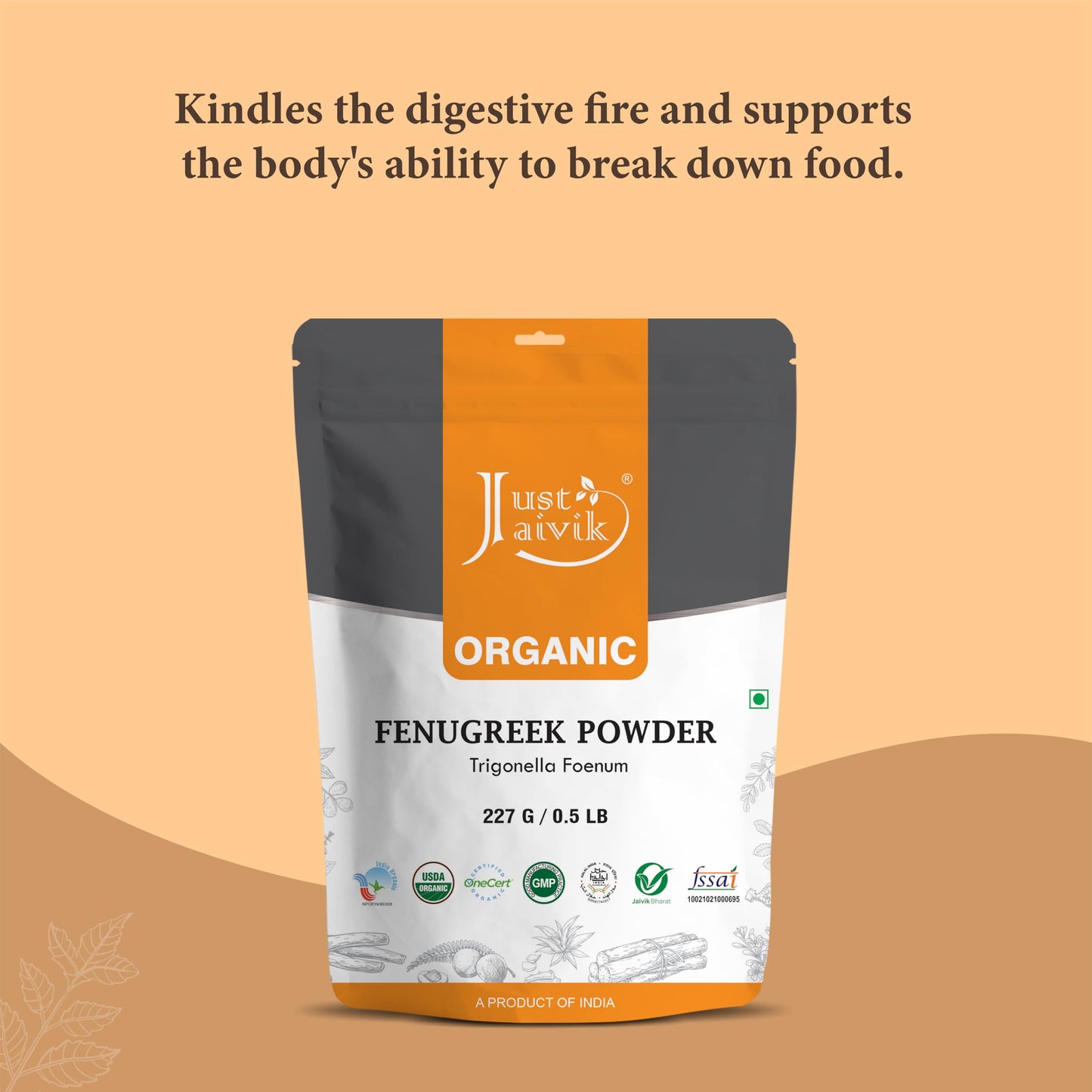 Just Jaivik 100% Organic Fenugreek Powder 0.5 lb / 227 gm / 08 oz | Trigonella Foenum Methi Powder | Supports Healthy Digestive System & Boosts Immunity | USDA Certified Organic