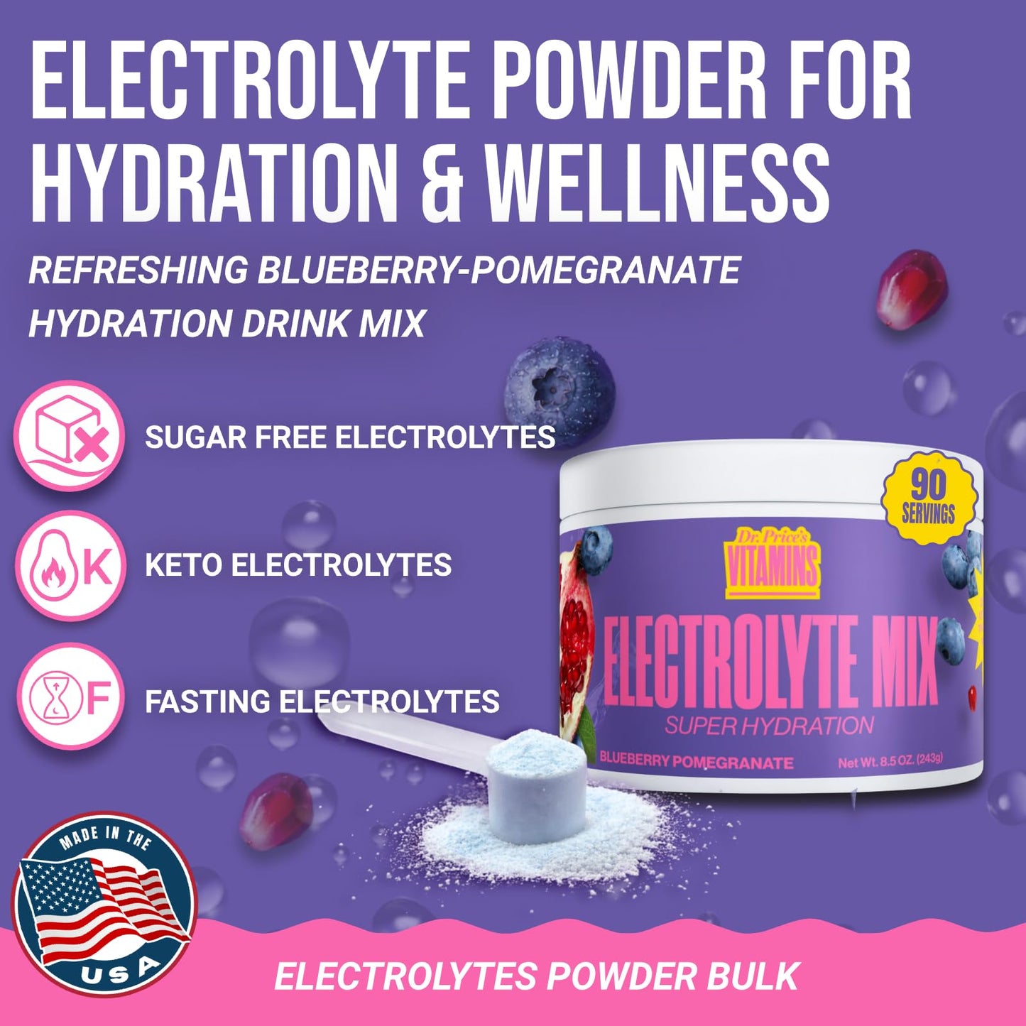 Dr. Price’s Electrolytes Powder Bulk – Blueberry Pomegranate, 90 Servings | Sugar Free Hydration Drink Mix with 72+ Trace Minerals, Manganese | Keto Electrolytes, Vegan, Doctor-Formulated, Made in USA