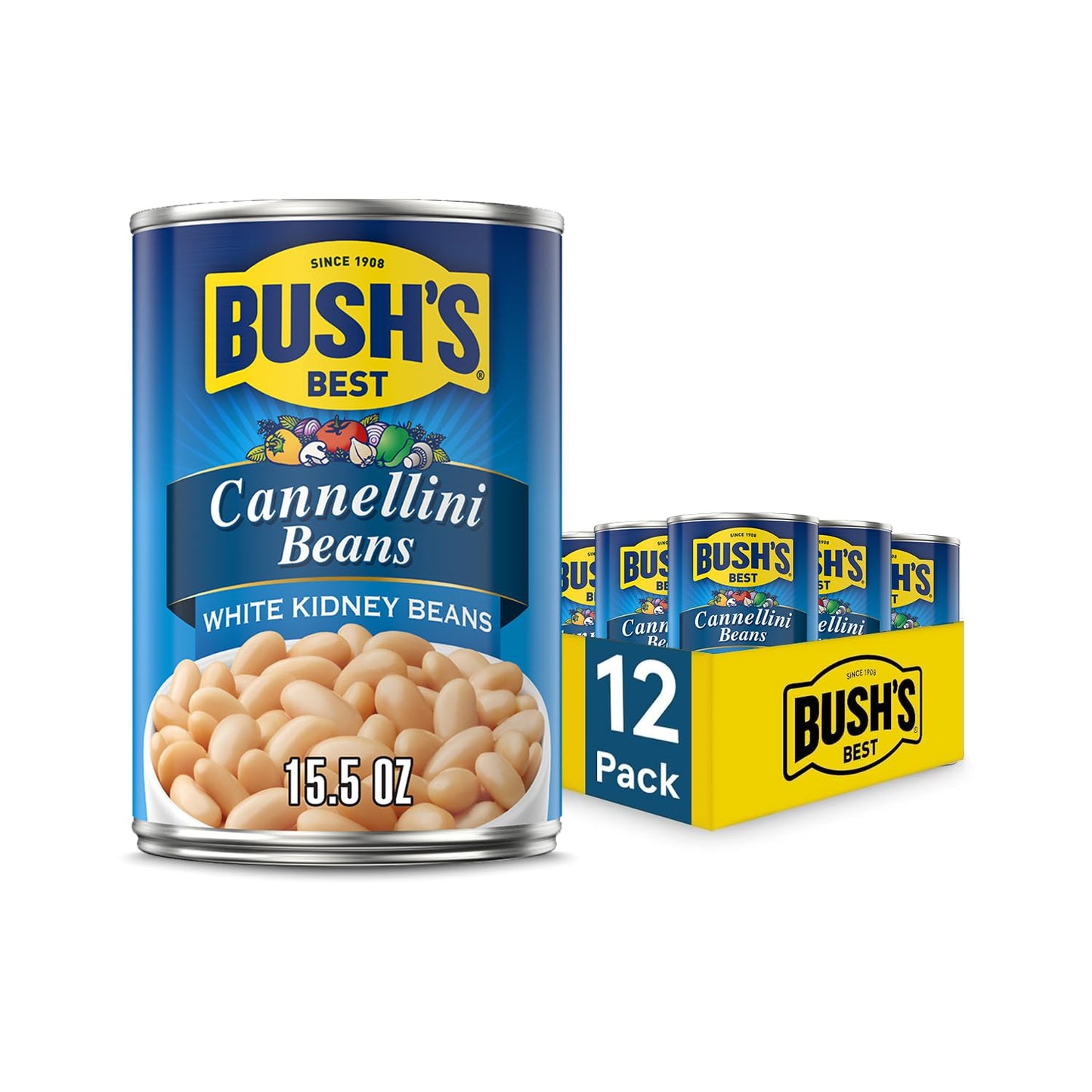 BUSH'S BEST 15.5 oz Canned Cannellini Beans, Source of Plant Based Protein and Fiber, Low Fat, Gluten Free, (Pack of 12)