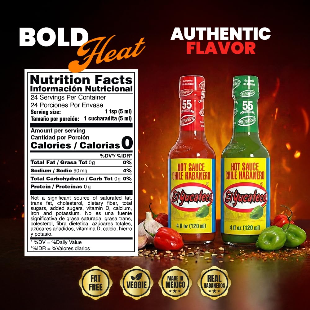 EL YUCATECO Hot Sauce, Aauthentic Mexican Hot Sauce Flavor, Bold Taste with Real Habanero Salsa, Fiery kick in every drop, Spicy gift set, Gourmet flavor, 2-pack Green and Red sauce | 4oz each