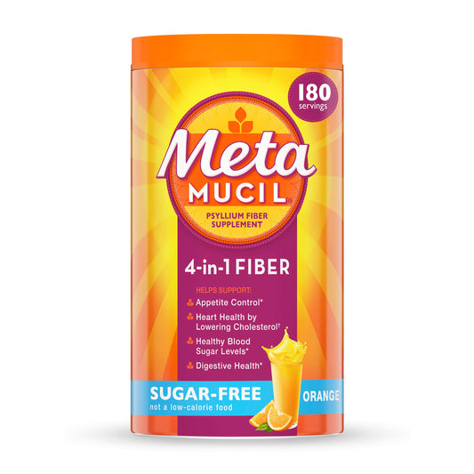 Metamucil 4-in-1 Psyllium Husk GLP-1 Friendly Fiber Supplement, Sugar-Free, 180 teaspoons, Orange Flavored, Daily Fiber Powder for Digestive Health, made with Plant-Based Psyllium Husk Fiber