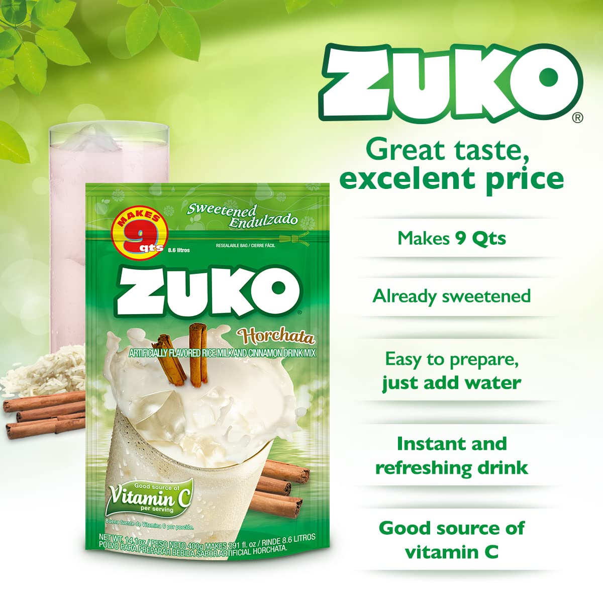 Zuko Horchata Instant Powder Drink | Family Pack | No Sugar Needed | Vitamin C | 14.1 Ounce (Pack of 6)