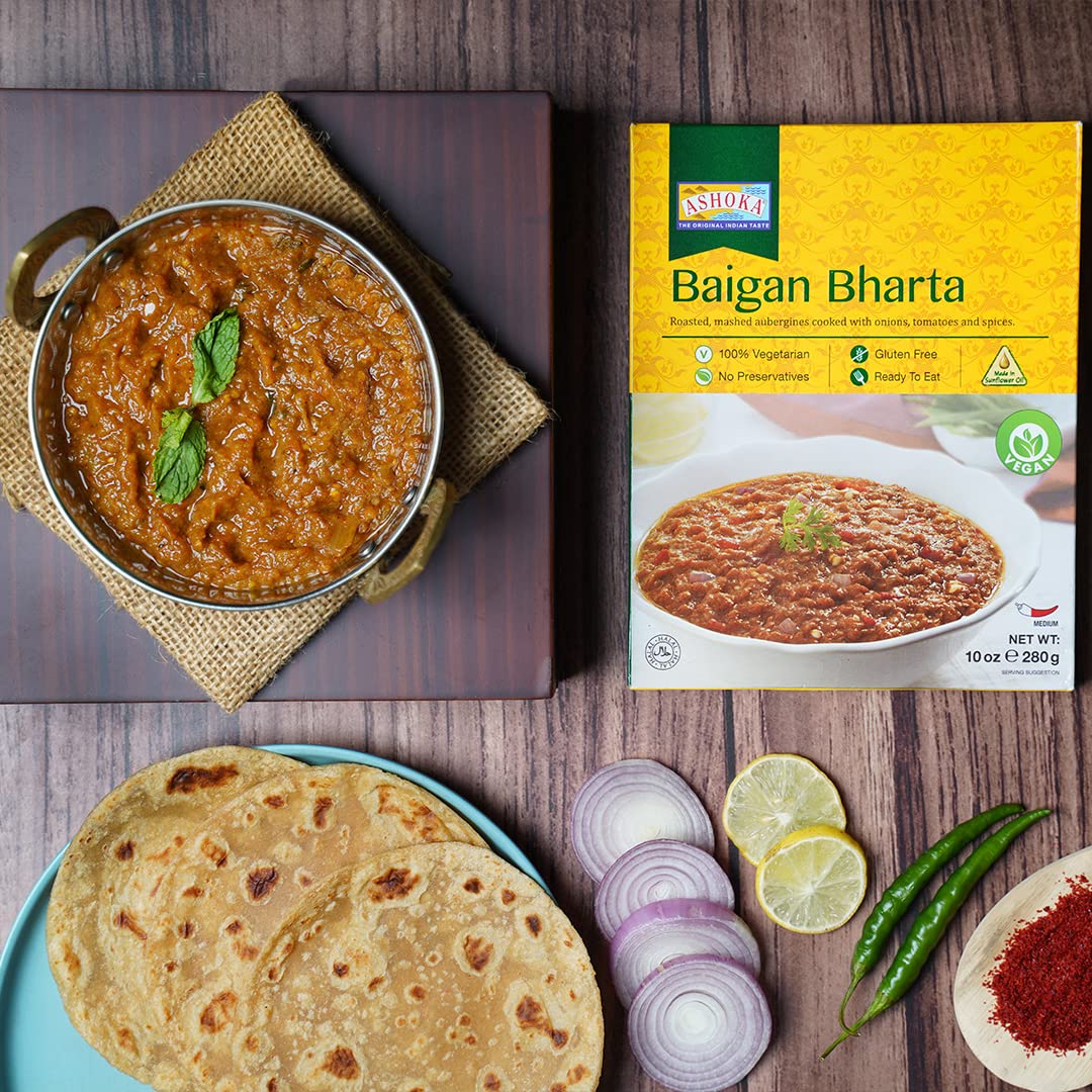 Ashoka All-Natural Entrees 1932, Vegan Mashed Aubergines, Kosher Certified, Microwave Ready Meals, Authentic Baigan Bharta, Portable Backpack Friendly Food, Gluten-Free, No Preservatives, Pack of 1