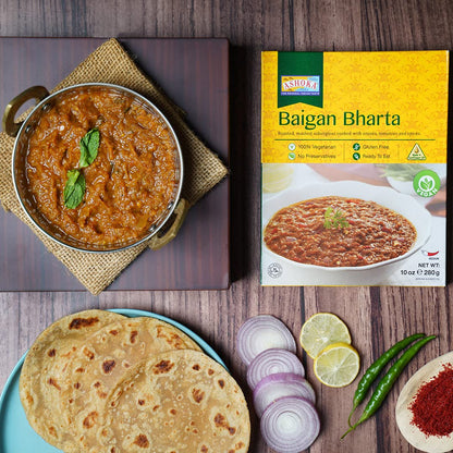 Ashoka All-Natural Entrees 1932, Vegan Mashed Aubergines, Kosher Certified, Microwave Ready Meals, Authentic Baigan Bharta, Portable Backpack Friendly Food, Gluten-Free, No Preservatives, Pack of 1