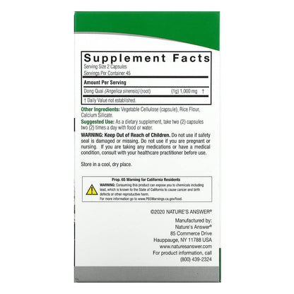 Nature's Answer Dong Quai Root 1000mg | Dietary Supplement | Supports Female Hormone Balance | Non-GMO, Vegan, Kosher Certified & Gluten-Free | Vegetarian Capsules 90ct