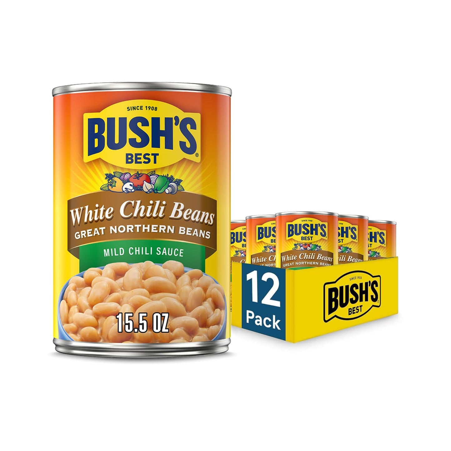 BUSH'S BEST 15.5 oz Canned White Chili Bean Mild, Source of Plant Based Protein and Fiber, Low Fat, Gluten Free, (Pack of 12), Made with Northern Beans