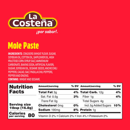 La Costeña Mild Mole Sauce - Traditional Paste with Ancho Chiles, Cacao & Spices - Mexican Food, Enchilada Seasoning, Meat Marinade, Rice, Tamale, Taco, Burger, Comida Mexicana - 9oz, 12 Pack Jar