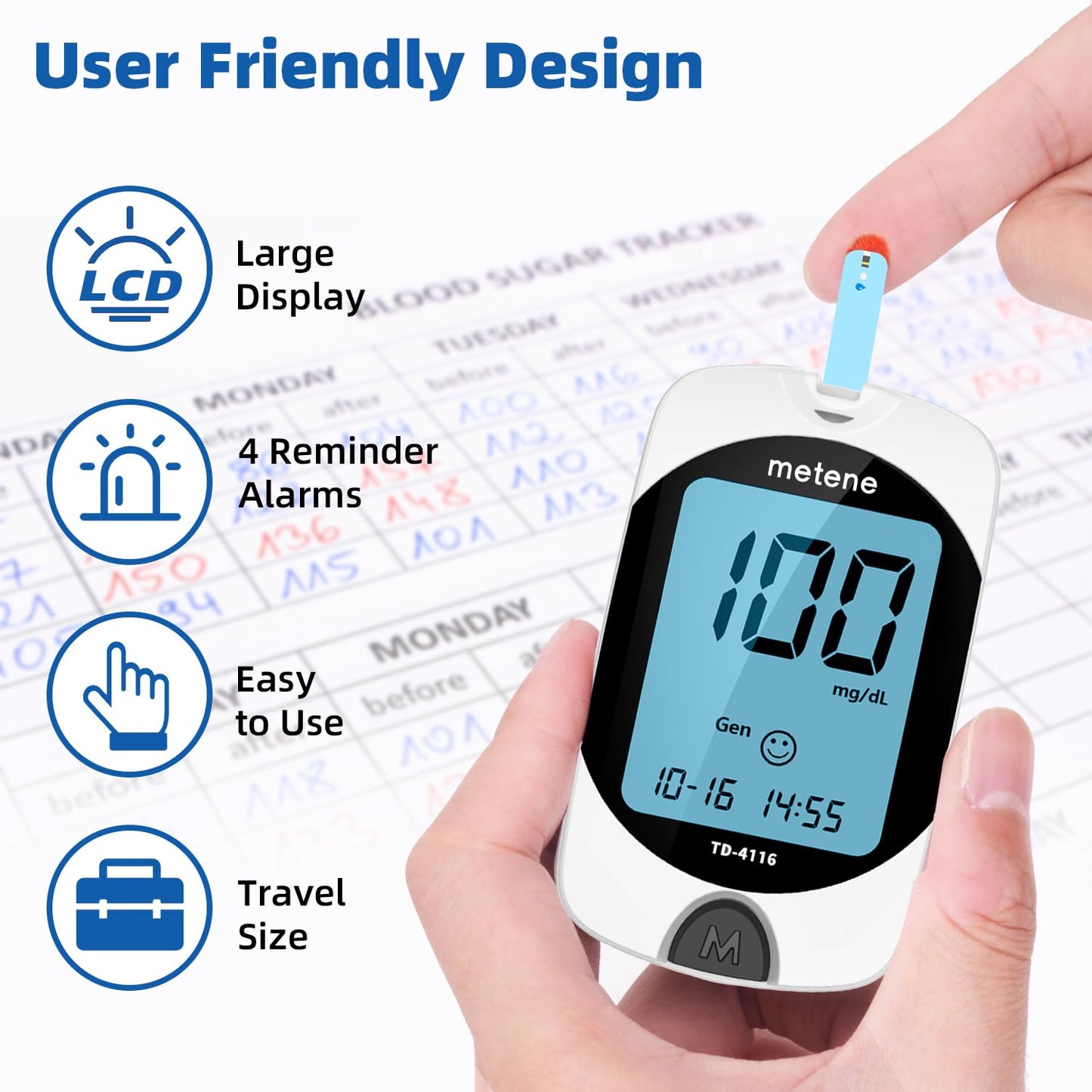 Metene TD-4116 Blood Glucose Monitor Kit, 100 Glucometer Strips, 100 Lancets, 1 Blood Sugar Monitor, Blood Sugar Test Kit with Control Solution, Lancing Device, No Coding, Large Display