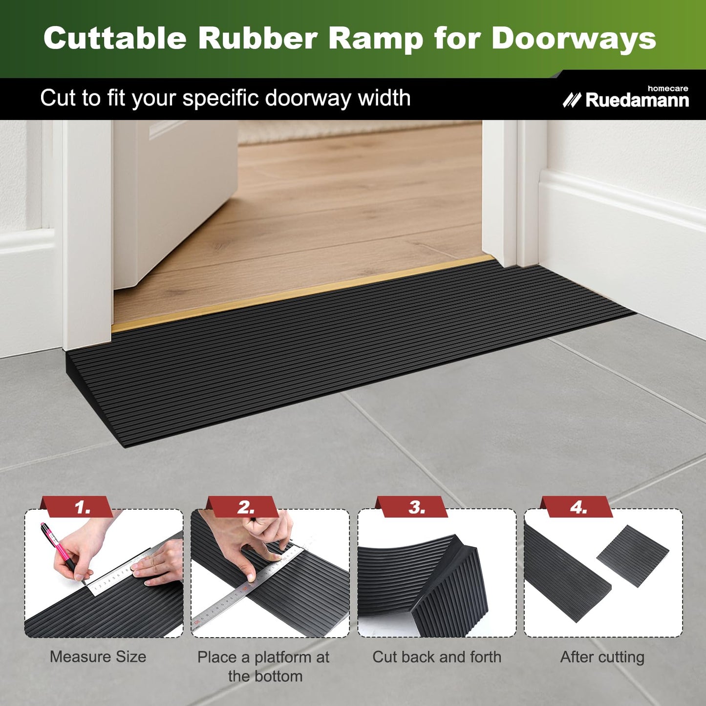 Ruedamann 1" Rise Threshold Ramp for Doorways, Sturdy Rubber Threshold Ramp, Non-Slip Power Door Ramps for Wheelchairs is Adjustable and Cuttable for Doorways,Curb, Scooters, Driveways