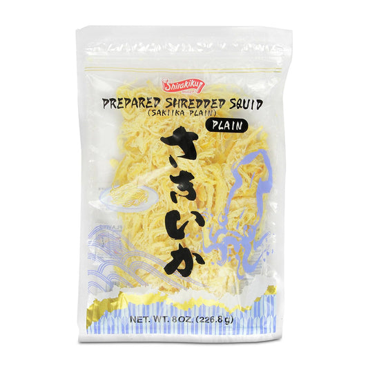 Shirakiku Prepared Shredded Squid | Saki Ika Plain Flavour Dried Squid | Savory Asian Seafood Snack, Low-Fat, Low-Calorie Dried Seafood Treat, 8 oz (Pack of 1)