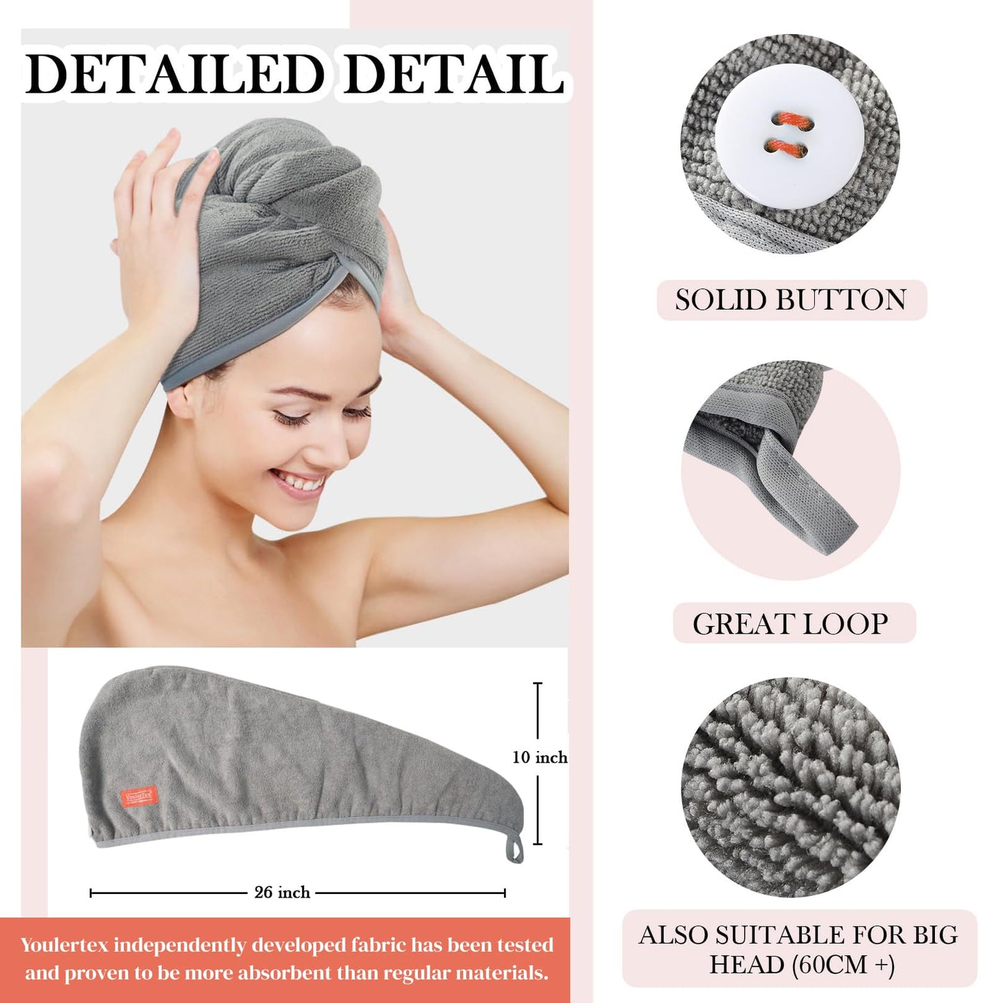 YoulerTex Microfiber Hair Towel Hairs Wrap: 2 Pack 10X26 Hair Dryer Towels for Women Absorbent Turban Twist Drying Shower Cap Curly Hairs Products for Hair's Care Accessories (Gray)