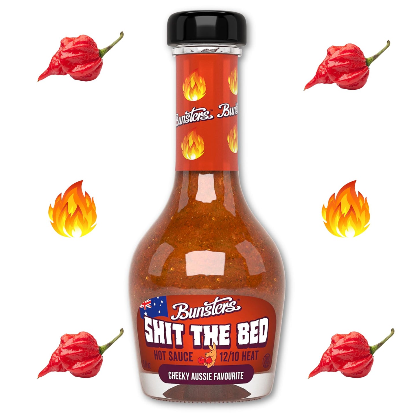 Bunsters Shit The Bed 12/10 Heat Hot Sauce - Chili Pepper with Aussie Fruit and Veg Plant Based, GMO, Gluten Free. The Perfect Hot Sauce Gift.