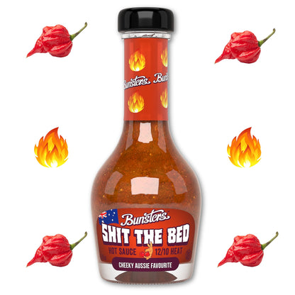 Bunsters Shit The Bed 12/10 Heat Hot Sauce - Chili Pepper with Aussie Fruit and Veg Plant Based, GMO, Gluten Free. The Perfect Hot Sauce Gift.