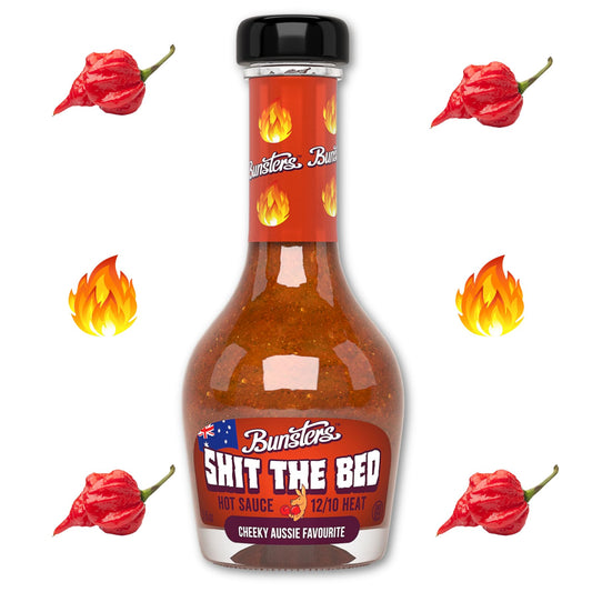 Bunsters Shit The Bed 12/10 Heat Hot Sauce - Chili Pepper with Aussie Fruit and Veg Plant Based, GMO, Gluten Free. The Perfect Hot Sauce Gift.