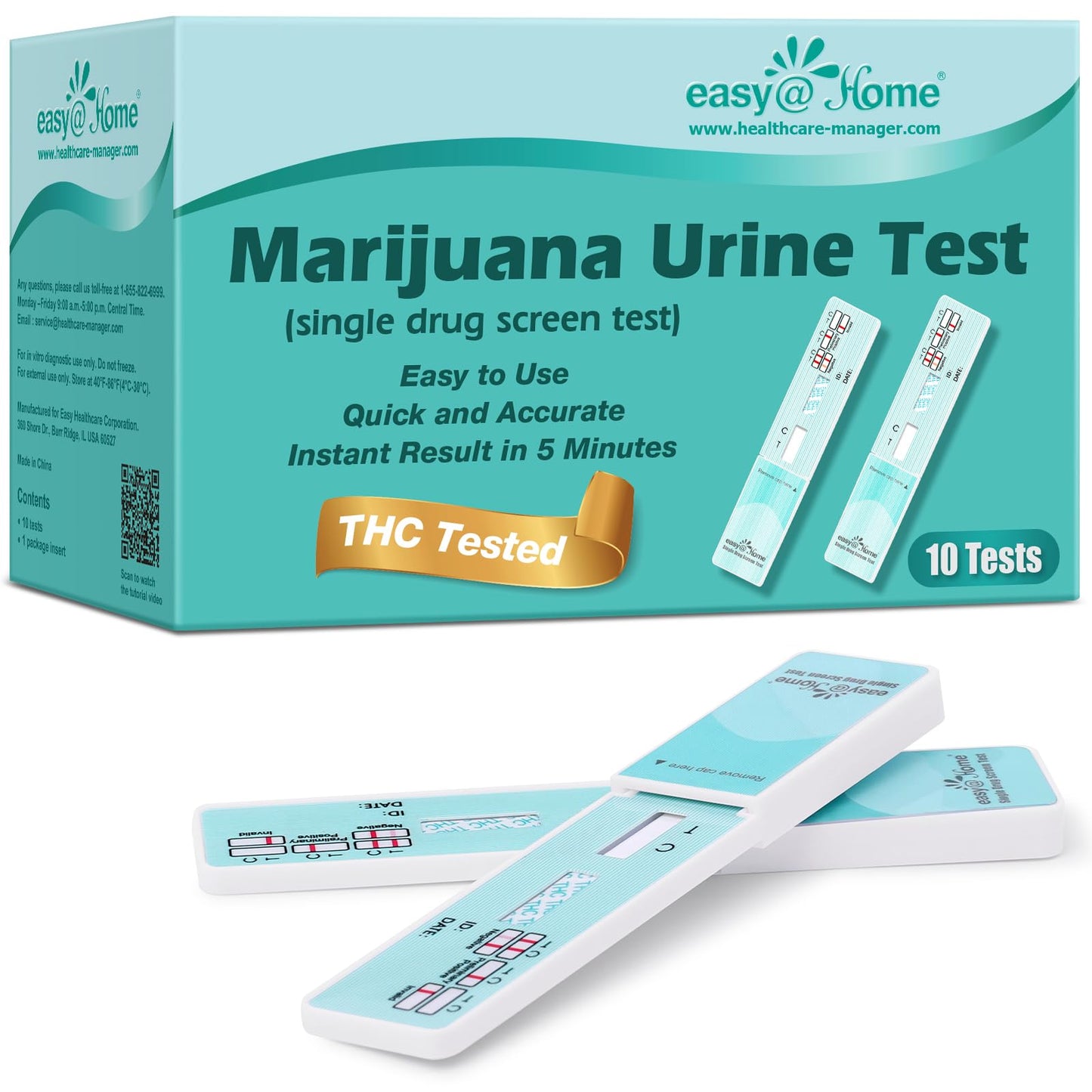 Easy@Home Marijuana Drug Test Kit for Urine - THC Tests for Home Use (10 Pack), Weed Detox Testing Kits with 50 ng/ml Cutoff Level, #EDTH-114