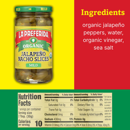 La Preferida Organic Mid Jalapeño Nacho Slices (Same Great Flavor, No Heat) Seedless Pickled Peppers – USDA Certified, No Added Sugar. Use on Tacos, Salads & Bowls, 11.5 oz. (Pack of 2)