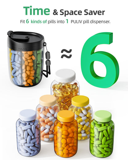 PULIV Large Pill Bottle Organizer, Supplement Organizer for Holding 6 Various Vitamins, Pill Box Case with Anti-Mixing & Wide Opening Design, Easy to Retrieve Meds, Includes 20 Pcs Stick-on Labels