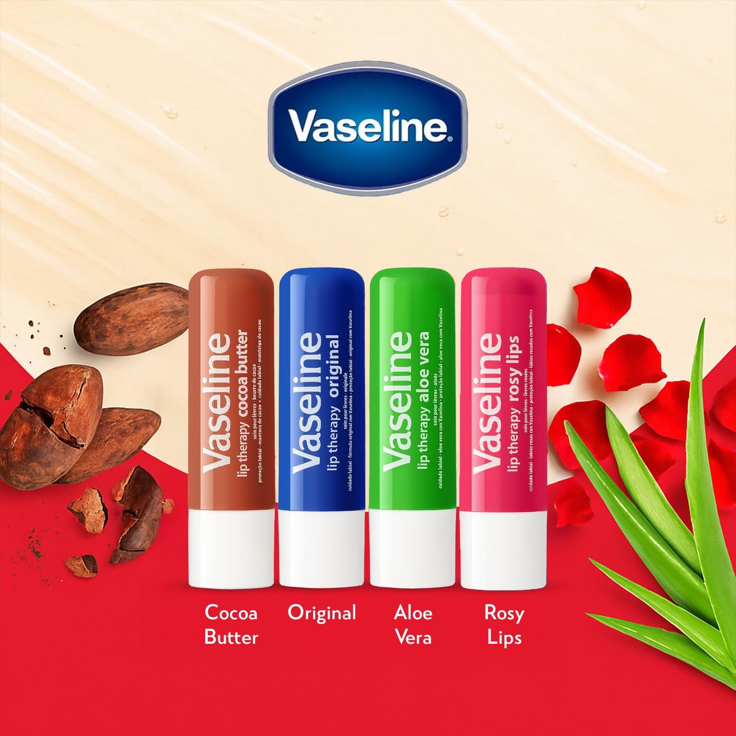 Vaseline Lip Therapy Variety 4-Pack, Moisturizing Lip Balm with Vitamin E, 0.16 Oz Ea