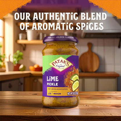 Patak’s Medium Lime Pickle - Authentic Indian Pickle Relish w/Lime Dices, Mustard Seeds & Aromatic Spices - Perfect for Sandwiches, Curries & Cold Meats - Indian Pickle - 10oz Jar (Pack of 1)