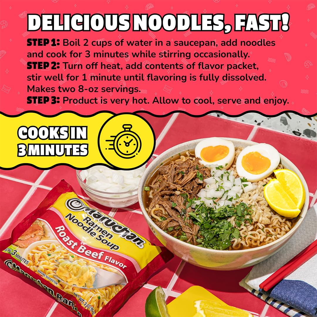 Maruchan Ramen Roast Beef, Instant Ramen Noodles, Ready to Eat Meals, 3 Oz, 24 Count
