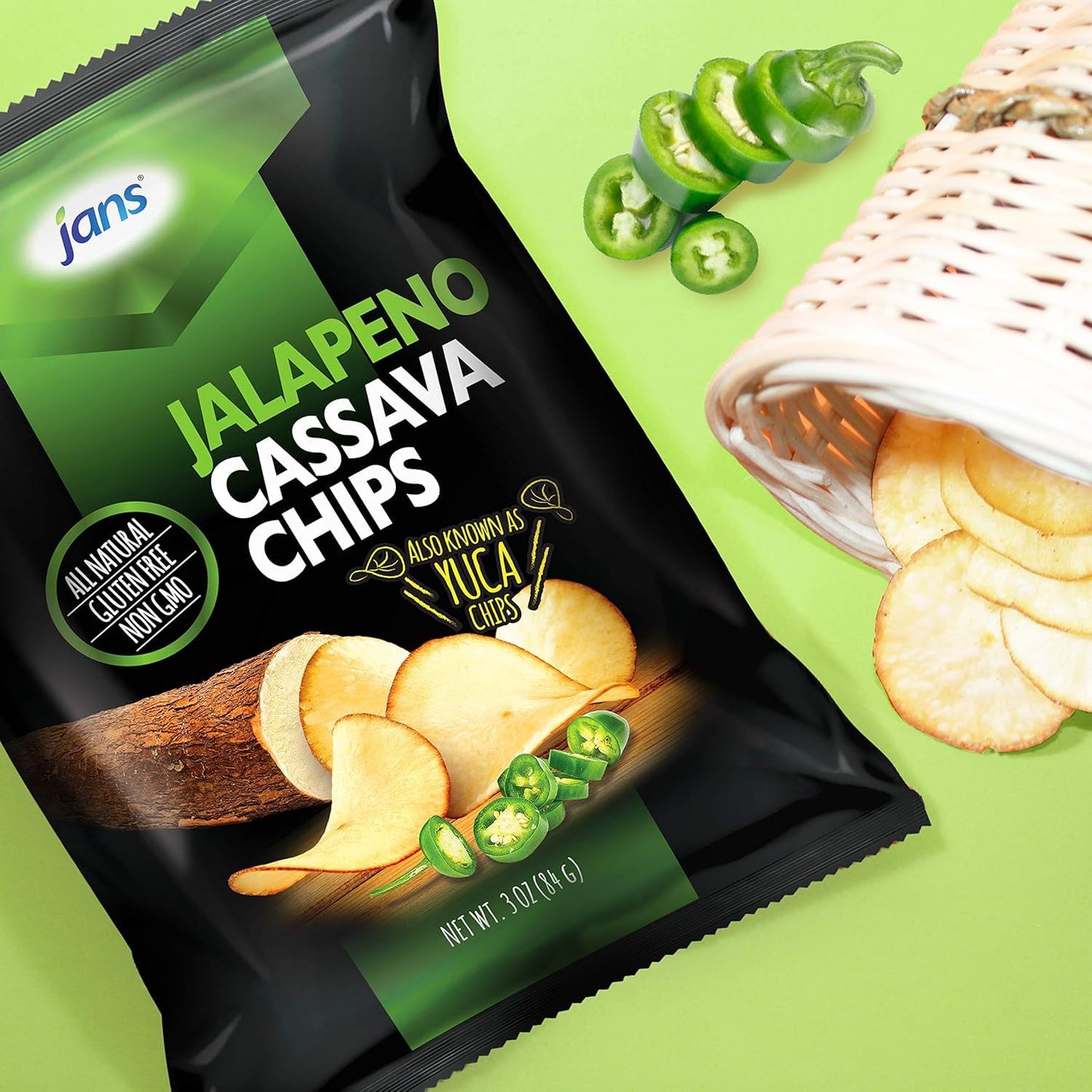 Jans Root Chips, Jalapeño Cassava Chips 3 Oz – Pack of 1 | Crispy Yuca, Spicy Jalapeno Snack Alternative to Potato Chips, Gluten Free, Non-GMO, Kettle Cooked Root Vegetable Chip