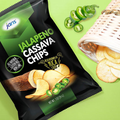 Jans Root Chips, Jalapeño Cassava Chips 3 Oz – Pack of 1 | Crispy Yuca, Spicy Jalapeno Snack Alternative to Potato Chips, Gluten Free, Non-GMO, Kettle Cooked Root Vegetable Chip
