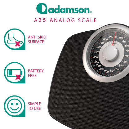 Adamson A25 Scales for Body Weight - Up to 400 LB - New Version - 5.3" Dial on 12.4" x 10.2" Platform - Anti-Skid Rubber Surface - High Precision Bathroom Scale Analog - Durable with 20-Year Assurance