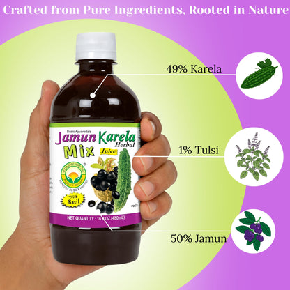 BASIC AYURVEDA Jamun Karela Herbal Mix Juice with Holy Basil | 16.23 Fl Oz (480ml) | Natural Indian Black Berry & Bitter Gourd Juice | Plant-Based Ayurvedic Wellness Drink | No Added Sugar