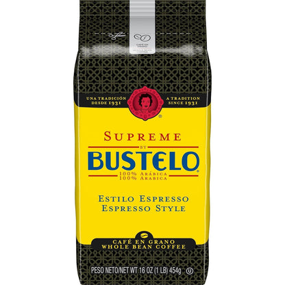 Café Bustelo Supreme by Bustelo Espresso Style Dark Roast Whole Bean Coffee, 16 Ounce (Pack of 8), Red