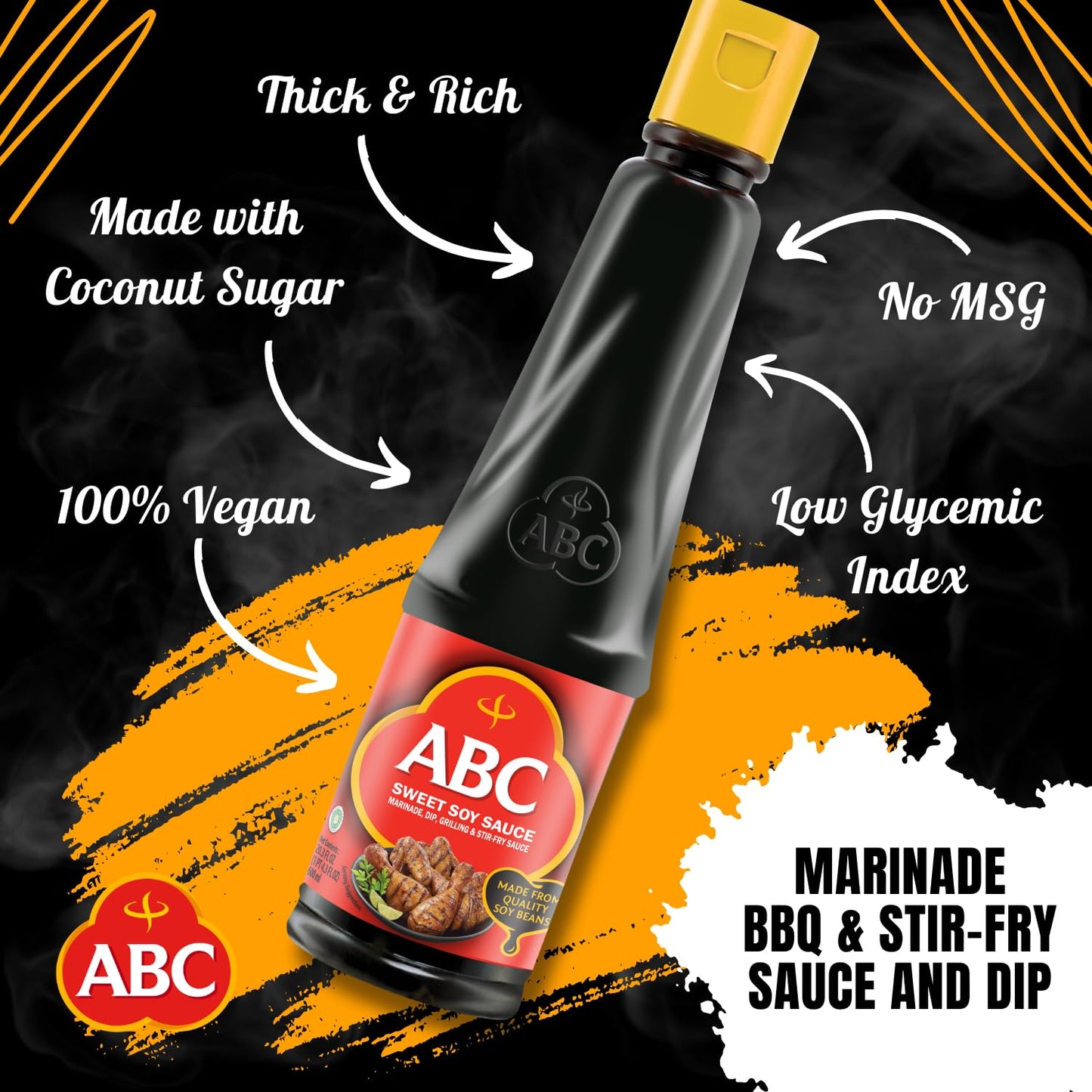 ABC Sweet Soy, Black Dark Marinade, 20.3 Oz, Savory Sauce, Dip, Stir-fry, Glaze, Vegan, No MSG, Plant-based, Halal, Umami Flavor, Indonesian Kecap Manis Made with Coconut Sugar