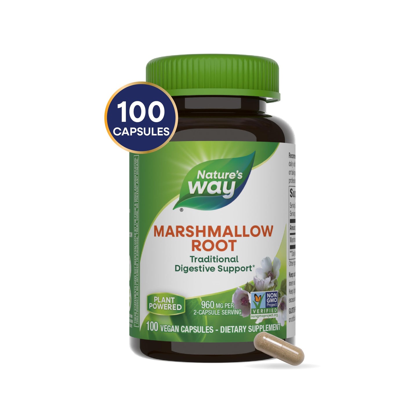 Nature's Way Marshmallow Root - Plant-Based Herbal Supplement for Traditional Digestive Support* - Daily Wellness Supplement - Vegan, Gluten-Free & Dairy-Free - 100 Count (50 Servings)