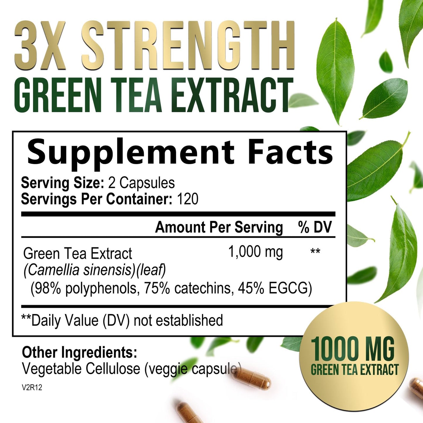 Green Tea Extract Capsules 1000 mg Per Serving - 3X Strength Green Tea Pills with 45% EGCG & 98% Polyphenols for Natural Energy - Vegan Antioxidant Herbal Supplement for Heart Support - 240 Capsules