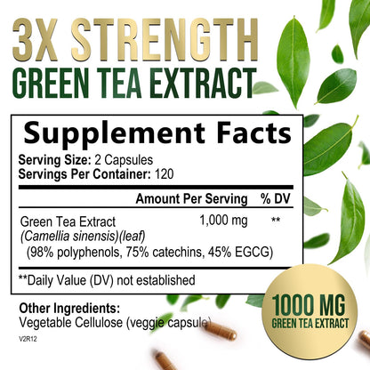 Green Tea Extract Capsules 1000 mg Per Serving - 3X Strength Green Tea Pills with 45% EGCG & 98% Polyphenols for Natural Energy - Vegan Antioxidant Herbal Supplement for Heart Support - 240 Capsules