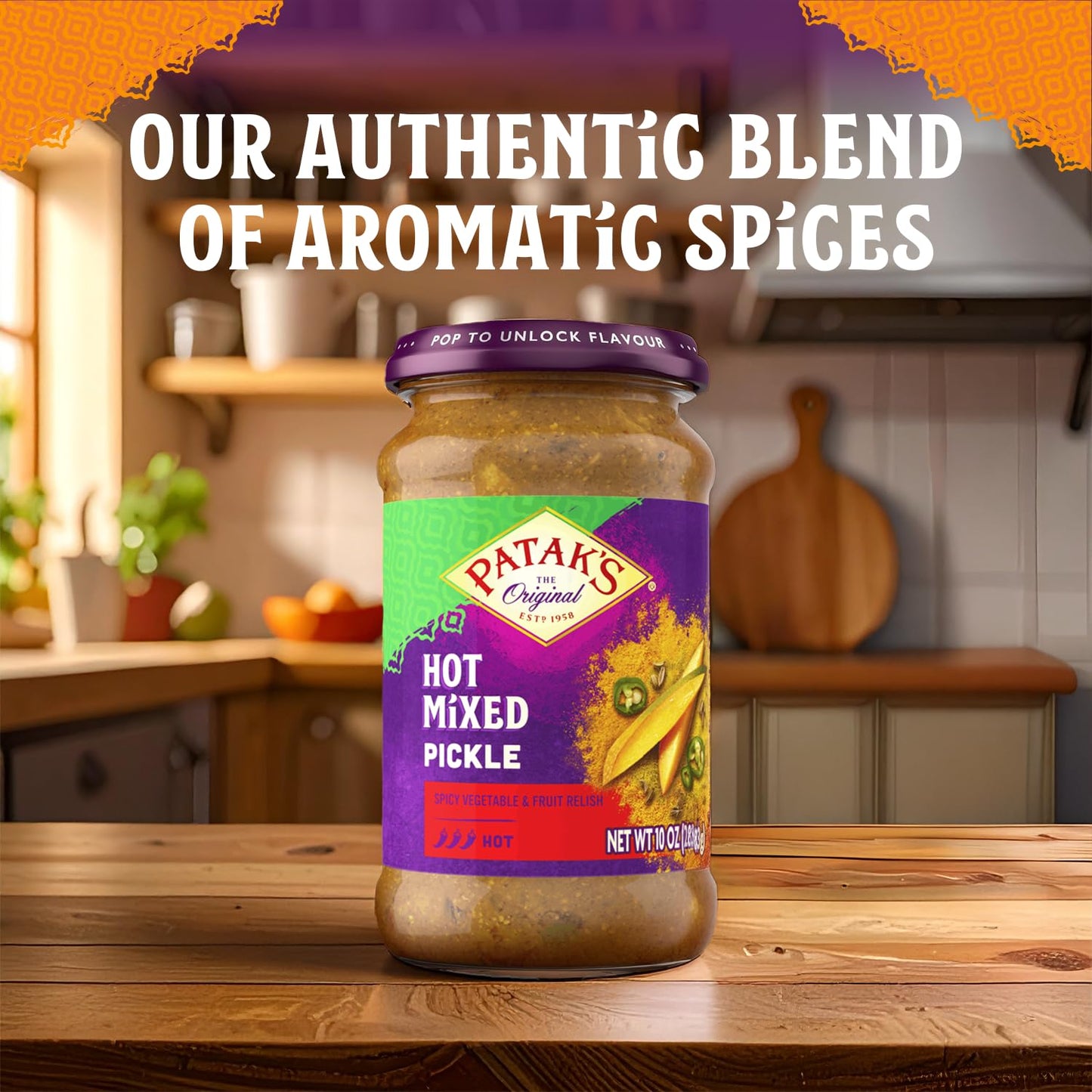 Patak’s Hot Mixed Pickle - Authentic Indian Relish w/Mangoes, Carrots, Limes, Chili Peppers & Aromatic Spices -Perfect for Sandwiches, Salads & Cold Meats - Vegan Spicy Pickle - 10oz Jar (Pack of 1)