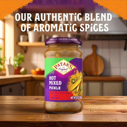 Patak’s Hot Mixed Pickle - Authentic Indian Relish w/Mangoes, Carrots, Limes, Chili Peppers & Aromatic Spices -Perfect for Sandwiches, Salads & Cold Meats - Vegan Spicy Pickle - 10oz Jar (Pack of 1)