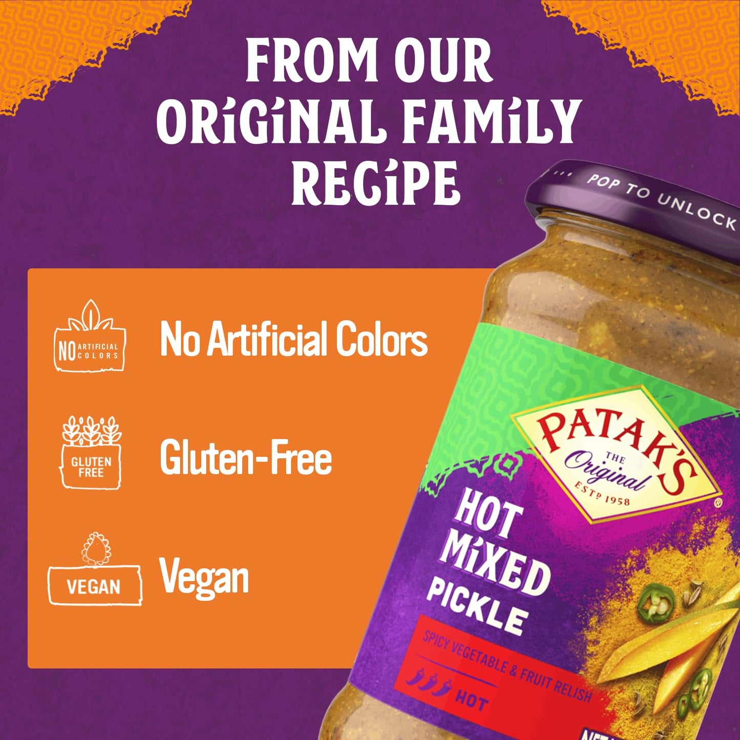 Patak’s Hot Mixed Pickle - Authentic Indian Relish w/Mangoes, Carrots, Limes, Chili Peppers & Aromatic Spices -Perfect for Sandwiches, Salads & Cold Meats - Vegan Spicy Pickle - 10oz Jar (Pack of 1)