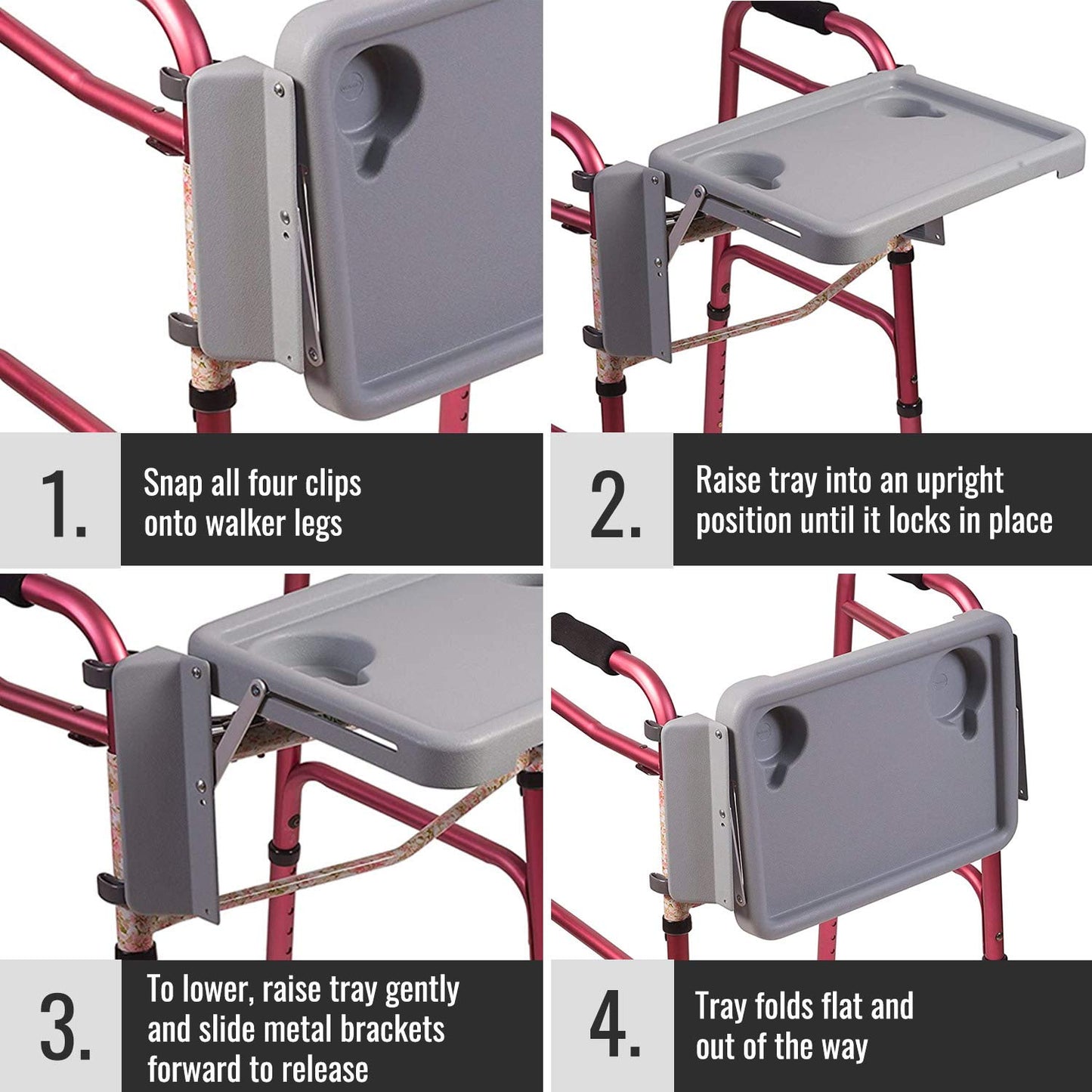DMI Walker Tray, Rollator Tray, Mobility and Walker Accessory Tray Table Fits Most Standard Walkers, Folding with Two Cup Holders and Tool Free Assembly, 16 x 11.8 inch
