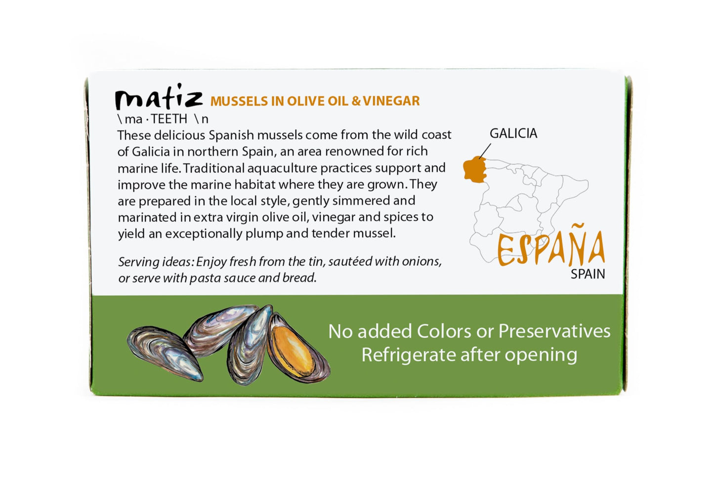 Matiz España Mussels in Extra Virgin Olive Oil & Apple Cider Vinegar | 3.92 oz. - 2 Pack | Handcrafted in Galicia, Spain | Sustainably Cultivated Mussels with Spices |