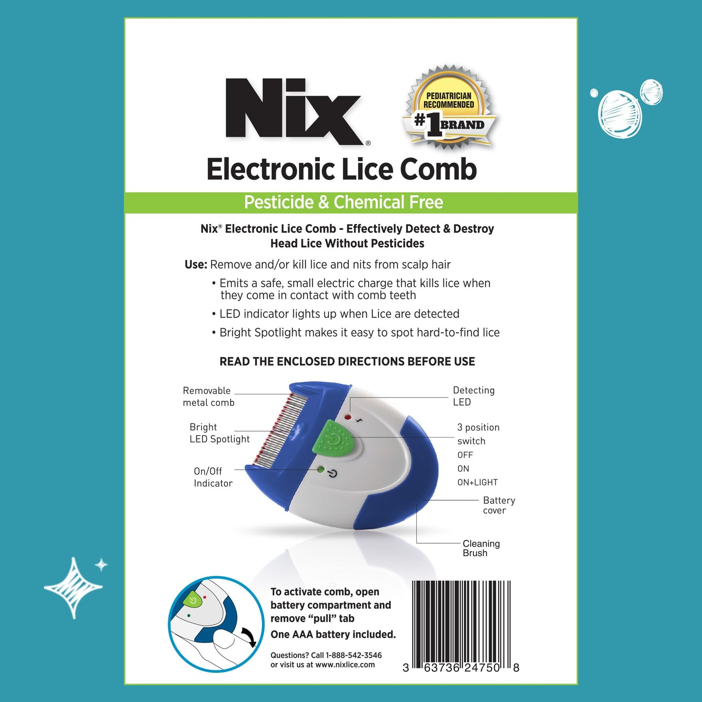 Nix Electronic Lice Comb, Effective Lice Treatment without Pesticides or Chemicals, 1 Count