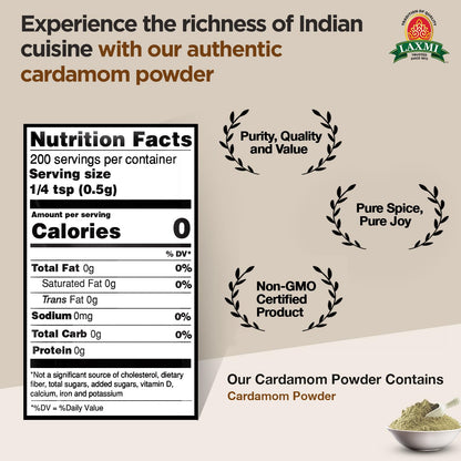Laxmi Ground Cardamom Powder, Traditional Indian Cooking Spices - 3.5oz