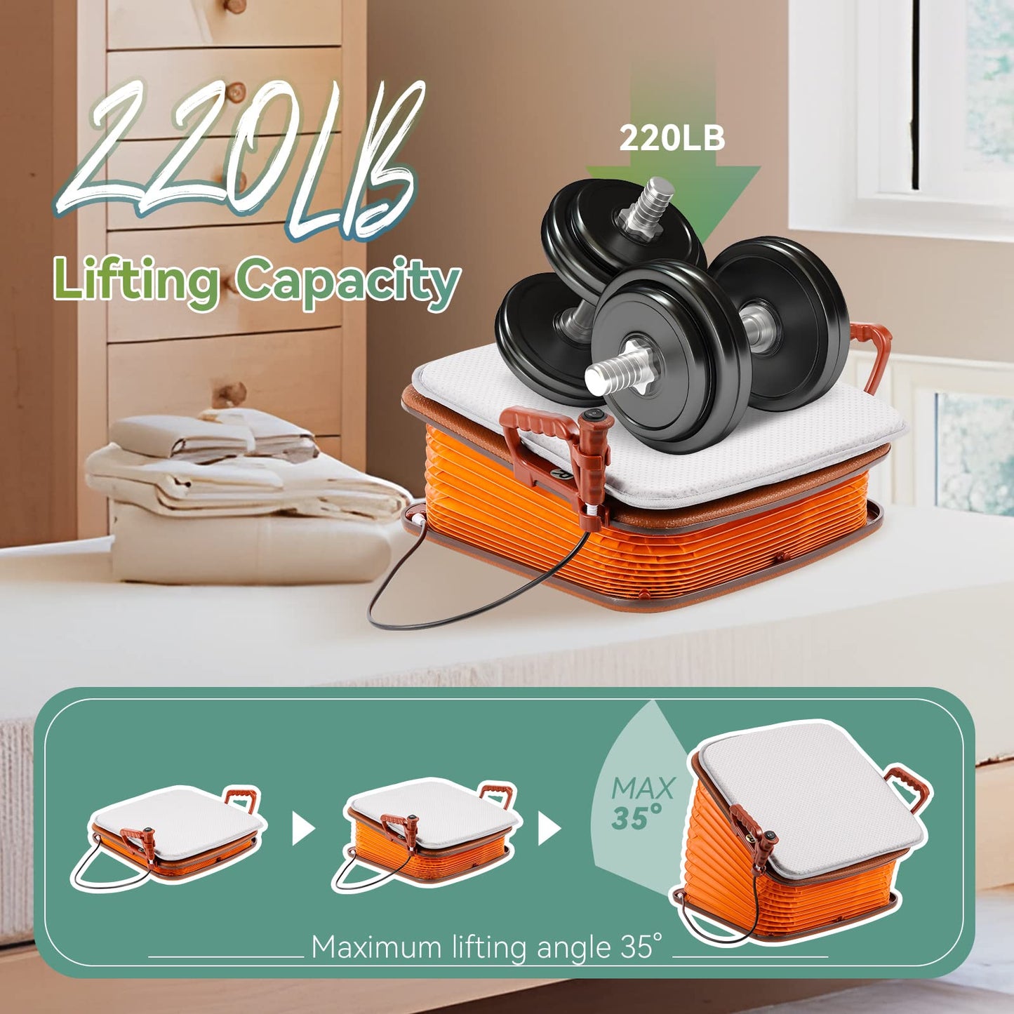 Seat Assist Lifting Cushion for Elderly with Pad, Chair Lift Assist Devices for Seniors Adults with 220lb Weight Capacity Lifting Angle Up to 35°, Portable seat Lift with Button Control