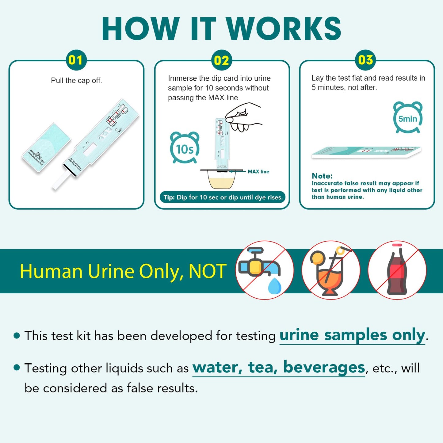 Easy@Home Marijuana Drug Test Kit for Urine - THC Tests for Home Use (10 Pack), Weed Detox Testing Kits with 50 ng/ml Cutoff Level, #EDTH-114