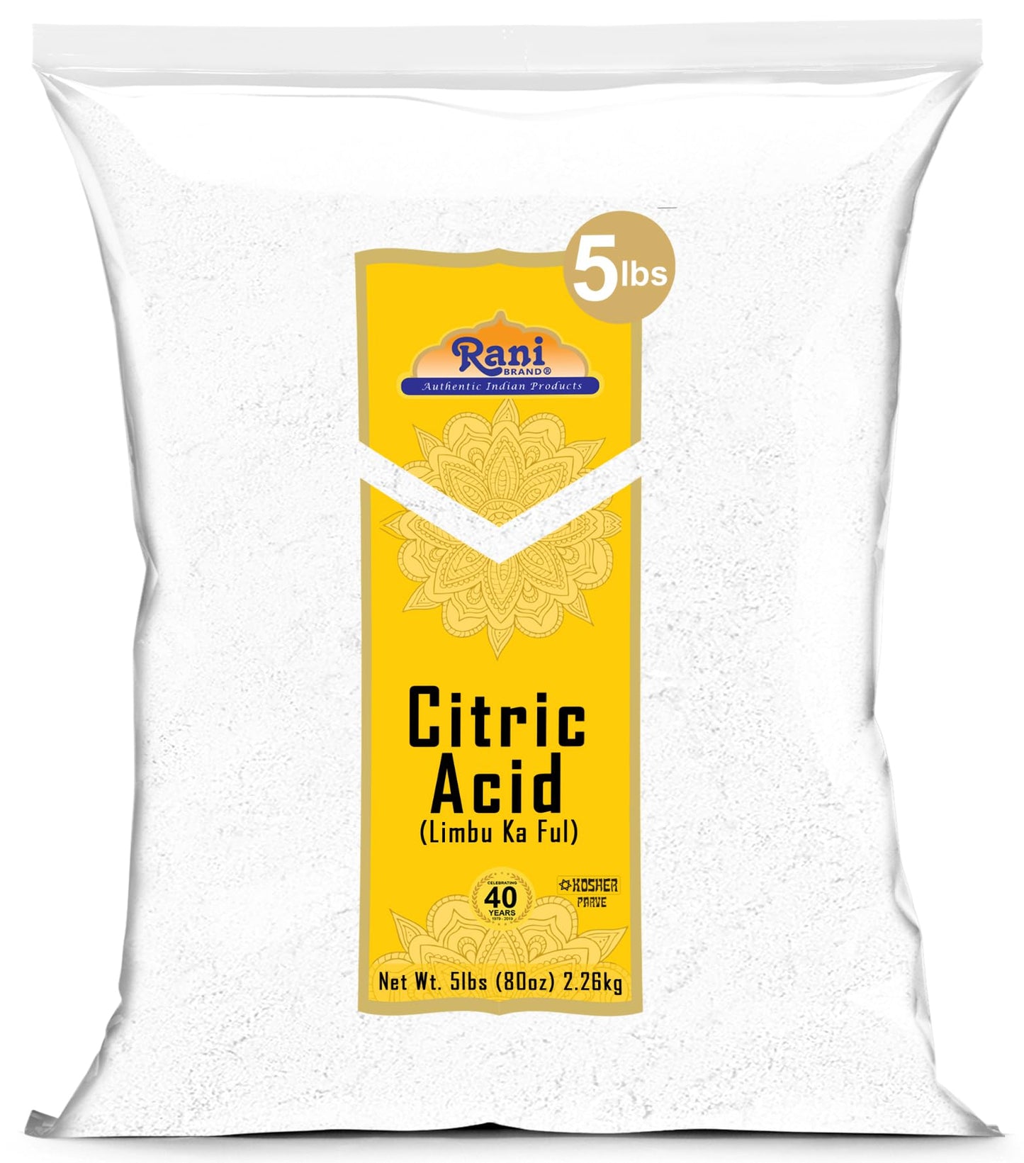 Rani Citric Acid Powder, Food Grade (Limbu Ka Ful) 80oz (5lbs) 2.27kg Bulk ~ Used for Cooking, Bath Bombs, Cleaning | Gluten Friendly | Kosher | Indian Origin