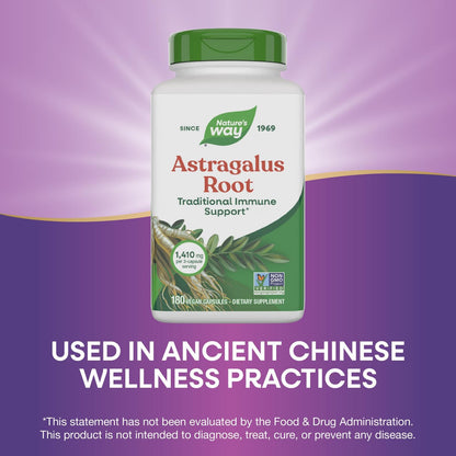 Nature's Way Astragalus Root, Traditional Immune Support*, 1,410 mg per 3-Capsule Serving, Non-GMO Project Verified, Vegan 180 Capsules (Packaging May Vary)