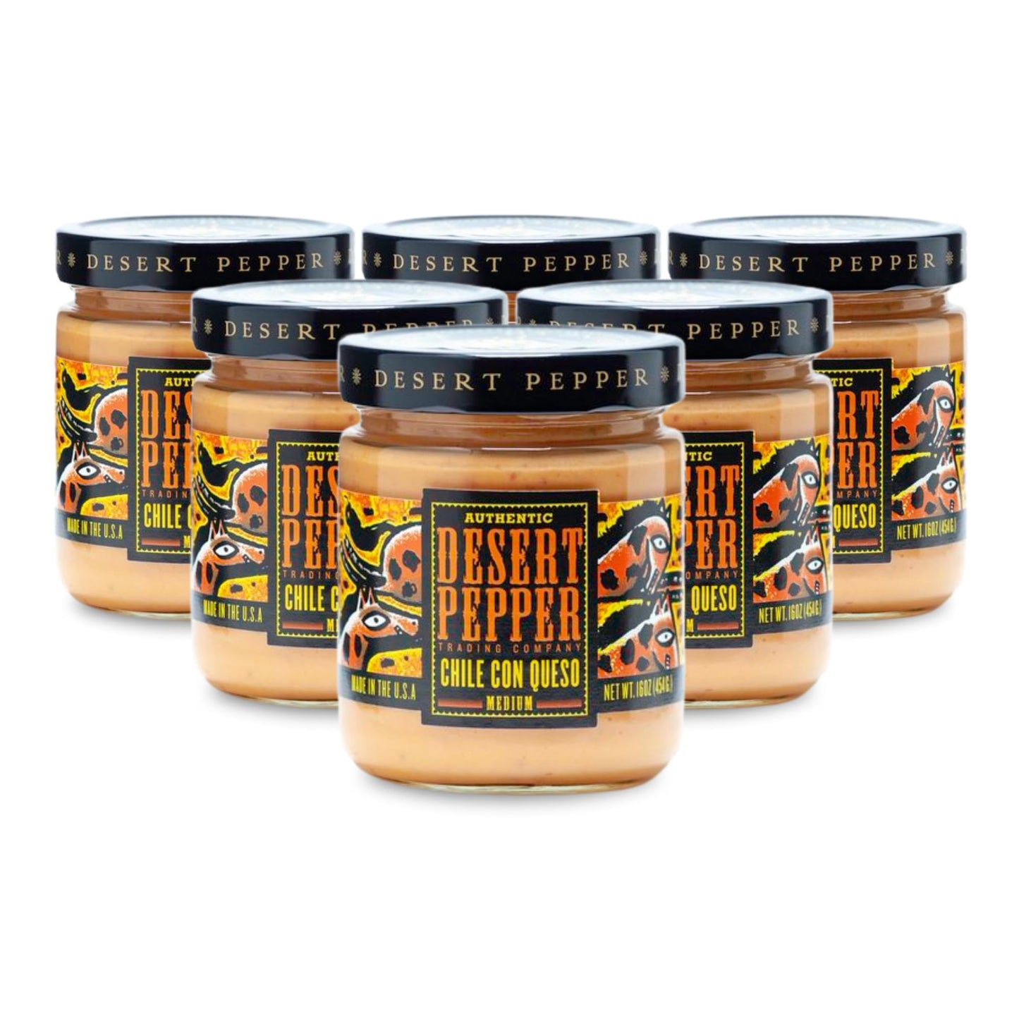 Desert Pepper Trading Con Queso Dip with Flame-Roasted Red, Green Chiles and Golden Cheddar Cheese, Gluten-Free, Low Carb Snack Medium,16 oz 6-Pack